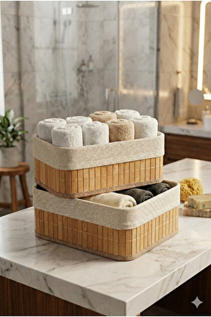 Vienev 3'lü Set Dikdörtgen Bambu Organizer Sepet | Banyo Mutfak