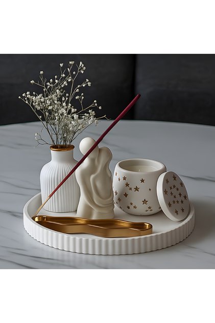DEKORATİF MODERN 5 PARÇA MUMLUK VE TÜTSÜLÜK EV DEKOR SETİ GOLD ALTIN