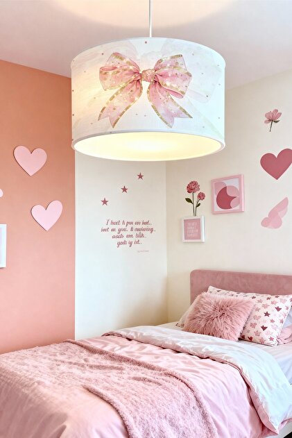 Pembe Simli Puantiyeli Fiyonk Desenli Çocuk Odası Avize