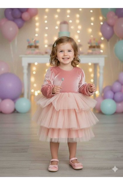 Pembe Uzun Kol Kat Etekli Kadife Kız Çocuk Bebek Elbise - Gloria