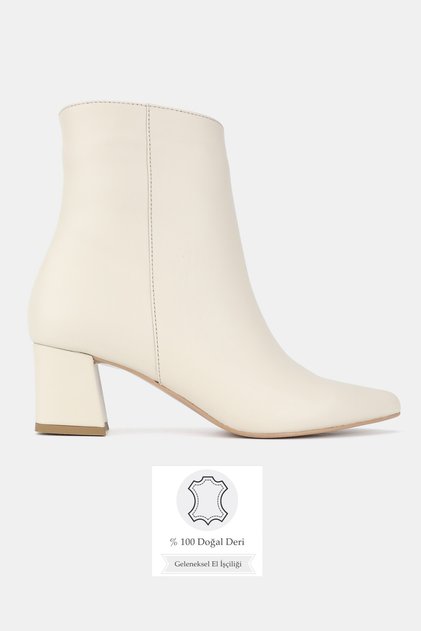 Women's Beige Genuine Natural Leather Size 35-40 Thick Heel Pointed Toe Boots & Booties