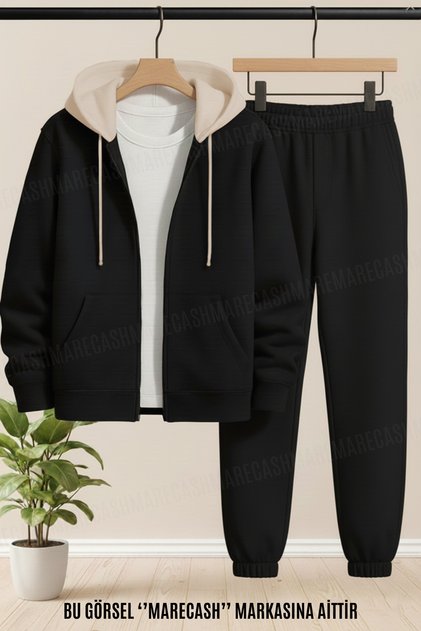 Unisex Beige Hooded Black Cardigan Black Bottom Tracksuit Set Zippered 3 Thread Winter 100% Cotton