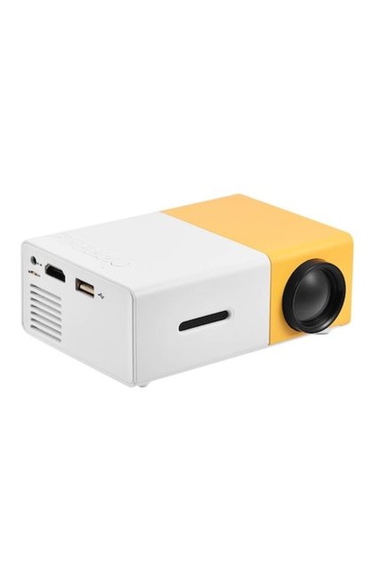 Mini proiector LED portabil, 24–60 inch, suportă 1080p, baterie de 1300 mAh, HDMI/USB/AV, galben-alb