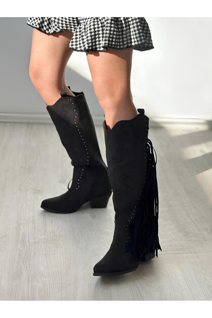 Black Suede Tasseled Trok Detailed Casual Stylish Long Boots