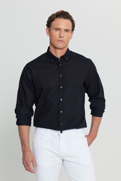 Men's Black Cotton Linen Comfort Fit Relaxed Fit Button down Collar Dobby Shirt