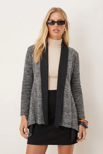 Women's Gray Patterned Knit Loose Cardigan ARM-26K001006