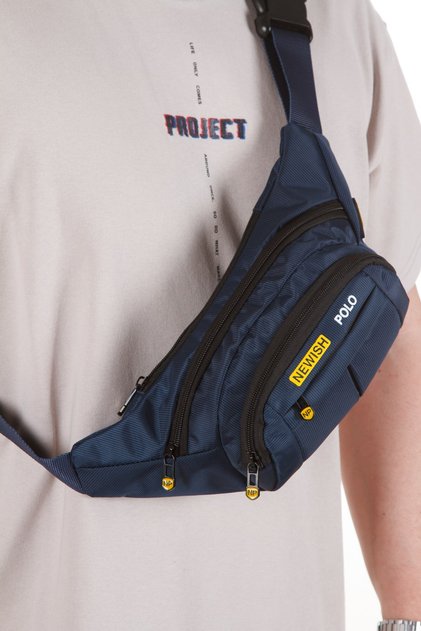 Men's Fabric Crossbody Chest Shoulder and Waist Bag with USB Headphone Jack - Navy Blue