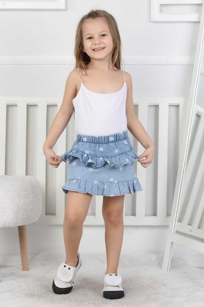 Kız Çocuk Beli Lastikli Katlı Jean Şortlu Mavi Etek