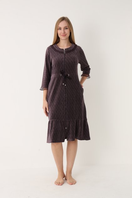 Women's Cotton Velvet Zippered Winter Dress / Purple - Brown 3993