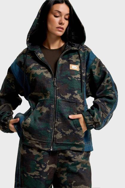 Women's Camouflage Denim Blended Loose Fit Hooded Special Design Coat Jacket