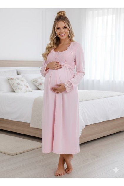 Women's Powder Design Lace Detailed Stylish Long Sleeve Maternity Nightgown