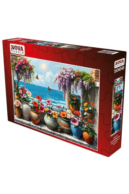 1000 Piece Puzzle of a Sea View from a Flowered Balcony - Cobalt Colors of Flowers