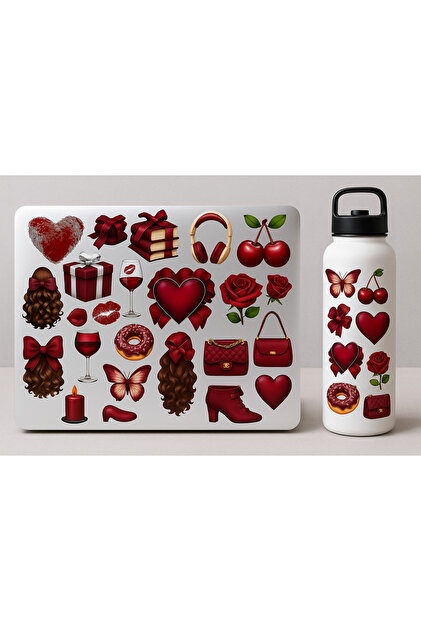 Bordo & Gold Aesthetic Sticker Set – 22×30 cm | Heart, Ribbon, Rose, Chocolate, Donut