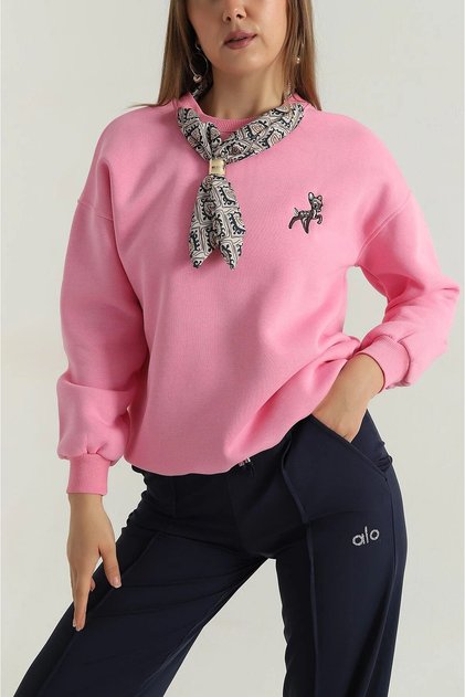 Women's Pink Scarf Ceylan Embroidery Sweatshirt