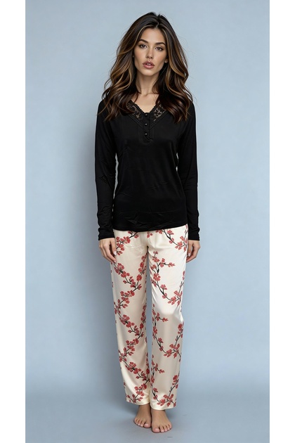 Ring Viscose Colorfast Printing Lace Detailed Long Sleeve Women's Pajama Set