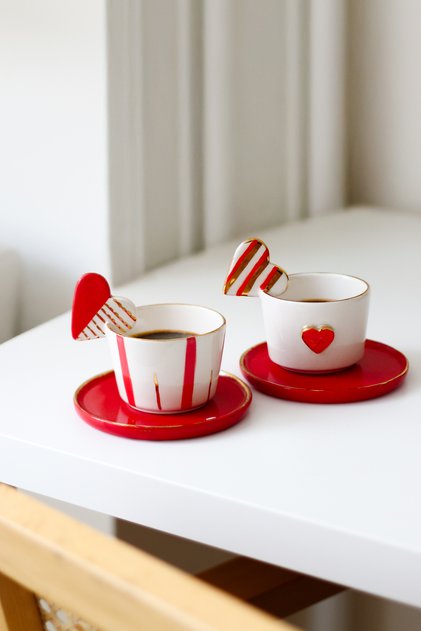 Heart Handled 2-Piece Set Double Mug / Ceramic 2-Piece Set Mug