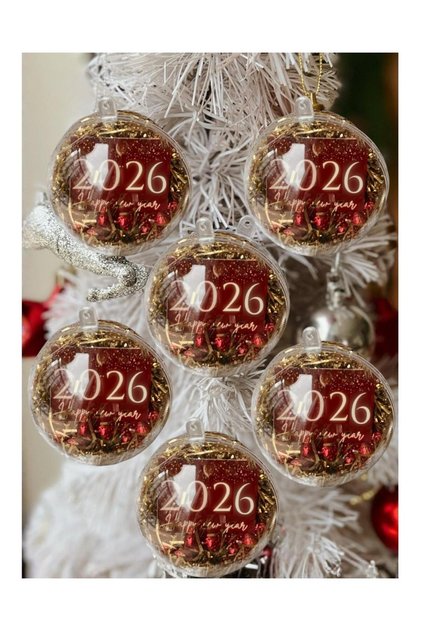 6-Piece Gold-Red Beaded Ornament with the Text'2026 Happy New Year' on It, Decorated Transparent Christmas Tree Ornament