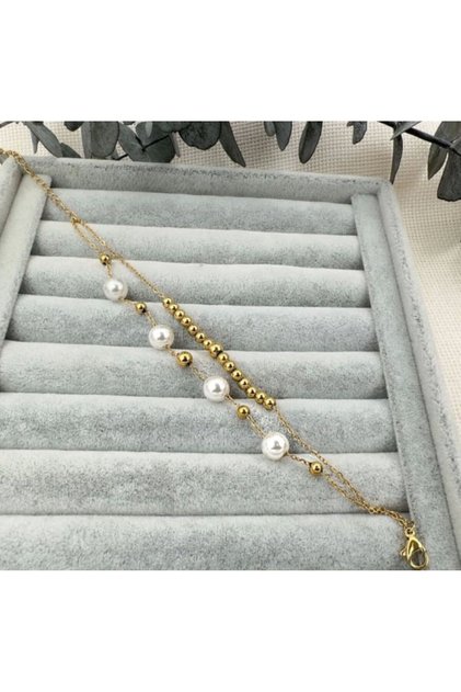 Women's Double Chain Pearl and Ball Detailed Steel Bracelet