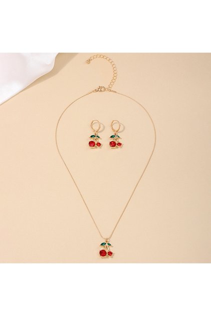 Light Yellow Gold Color 3PCS Cute Cherry Jewelry Set Hypoallergenic Necklace and Eearrings Daily & G