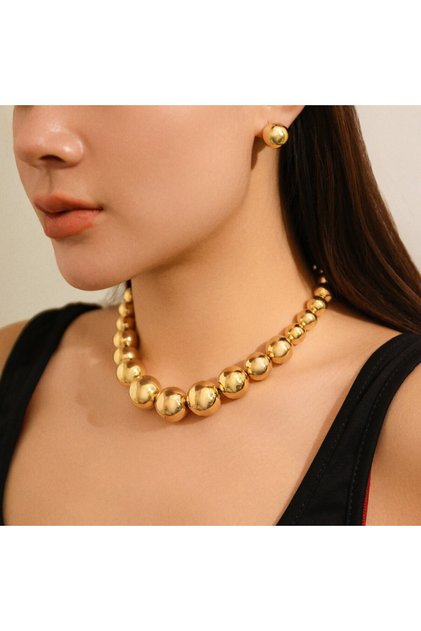 gold color 2Pcs Exaggerated Gold Color Big Beads Necklace Stud Earrings for Women Luxury Punk CCB Ch