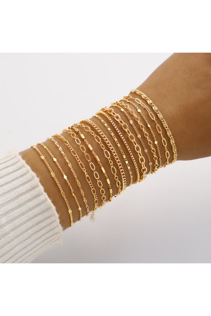 AYA6388501 16pcs Minimalist Heart Pearl Rhinestone Snake Chain Bracelet Set for Women Elegant Gold C