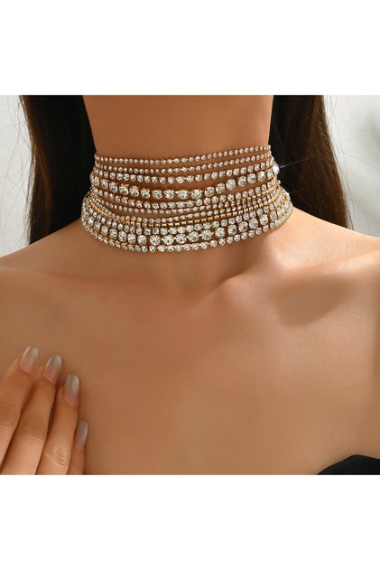 golden Punk Luxury Multilayers Crystal Chokers Necklaces for Women Rhinestone Chains Necklaces State