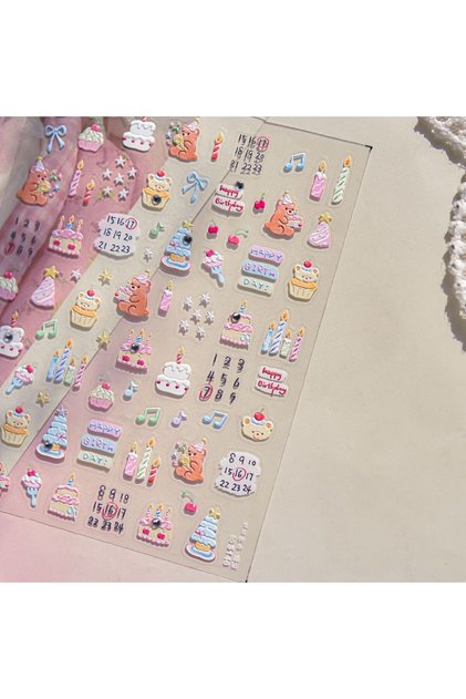 Choice TO5146 Colorful 5D Happy Birthday Nail Art Sticker Cake Candle Numbers Musical Note Cute Bear