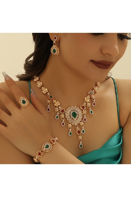 YELLOW 50cm Gold-color 5pcs/set Hollow Out Dangle Earrings + Ring + Necklace + Bracelet Bollywood Vi