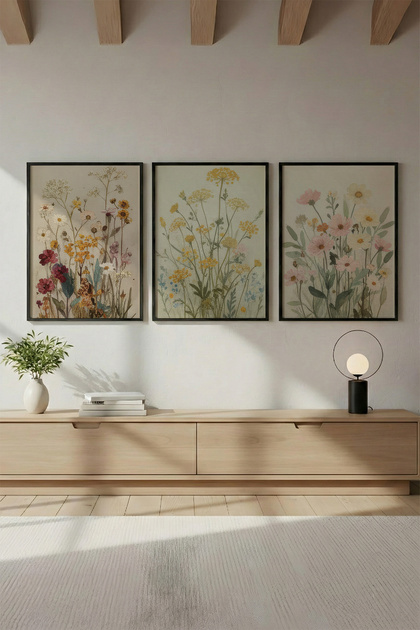 Ahşap Çerçeveli 3'lü Wabi Sabi Koleksiyon Tablo Seti - Salon Duvar Dekoru Huhu711