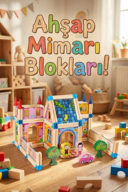 128 Parça Ahşap Yapı Blokları - Eğitici Maket Ev İnşaat Seti - Montessori Zeka Geliştirici Oyuncak