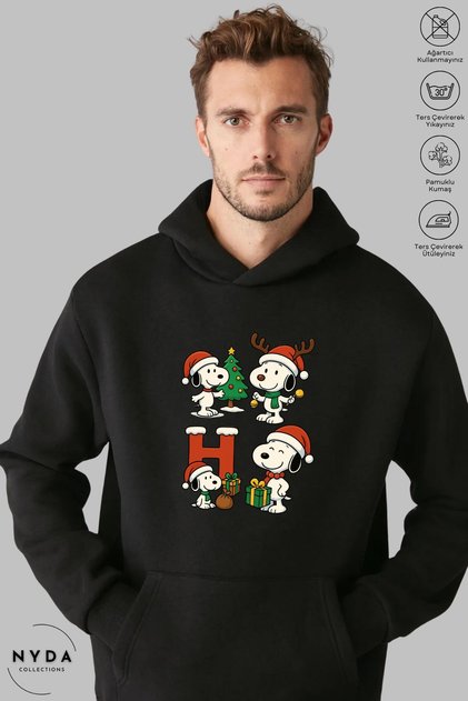 Unisex Hoodie Long Sleeve Snoopy Christmas Printed Hooded Fleece-Lined Oversized Cotton Sweatshirt