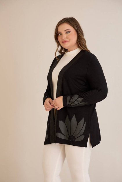 Women's Crystal Fabric Skirt and Sleeve Ends Leaf Pattern with Stone Top Quality Plus Size Cardigan