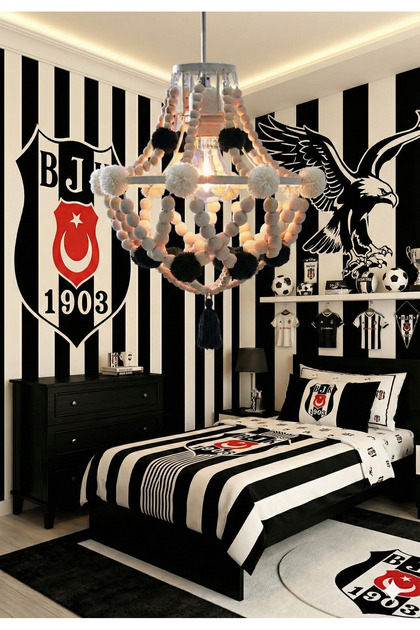 El Yapımı Ahşap Boncuklu Siyah Beyaz Avize – Modern Bohem Tavan Aydınlatma 30 cm