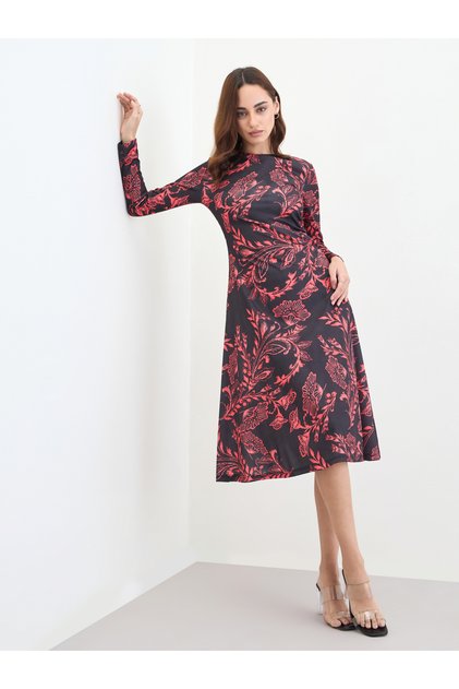 Black Floral Print A-Line Midi Dress
