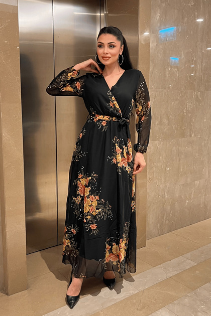 Rochie din țesătură șifon cu talie elastică - NEGRU