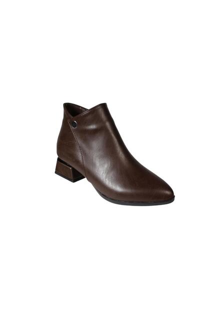 Yazkiş Women's Black Brown Leather 4cm Thick Heeled Ankle Boots