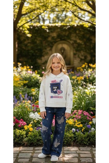 Girl's Stone Detailed Two-Piece Set - Detachable Collar - 100% Cotton