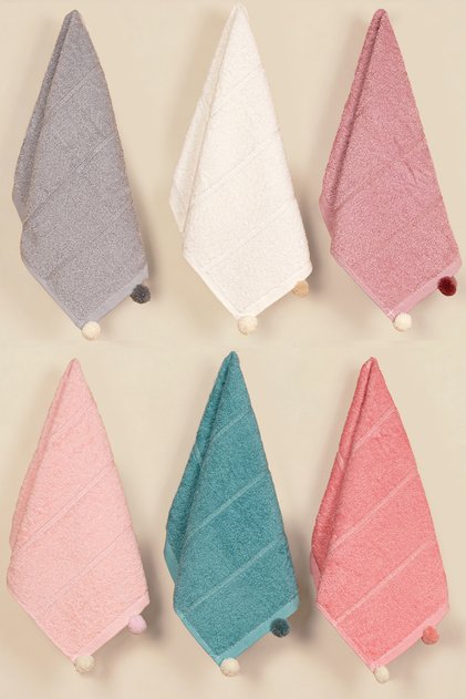 Hera 6-Piece 30X50, 100% Cotton, Pompom Kitchen & Hand Towel Set – Soft, Absorbent, Aesthetic