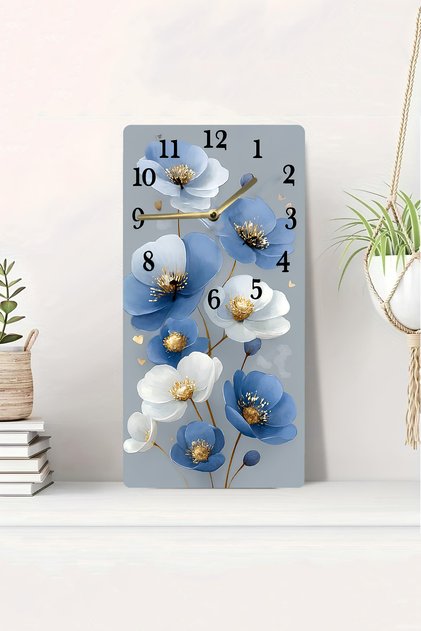 3D Görünümlü 2D UV Baskı MDF Tablo Saat – Mavi Ve Beyaz Çiçekli Zarif Tasarım – 20x40 Cm-DTS239