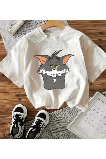 Tom and Jerry T-Shirt with Tom Holding His Chin Printed