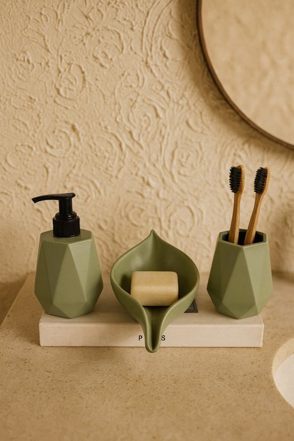 Decorative Green Color 3 Pieces Geometric Pattern Bathroom Set Liquid Soap Dispenser Solid Soap Holder Toothbrush Holder