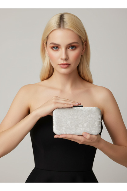 Beige Silver Detailed Luxury Wavy Velvet Women's Evening Dress Bag