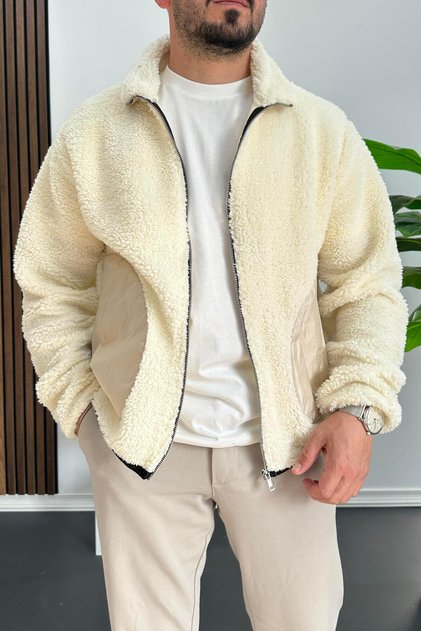 Men's Pocket Detailed Plush Cardigan Cream Edw432
