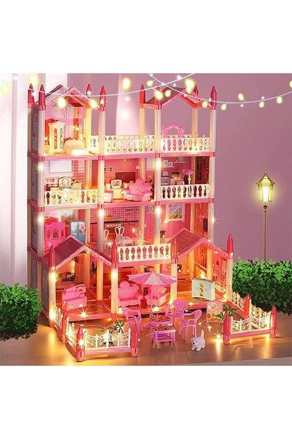4-Floor Dollhouse Play Set with 14 Rooms, 2 Dolls & 2 Color Light Strips
