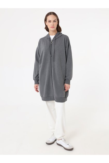 Basic Zippered Hooded Sweatshirt - Gray Melange -