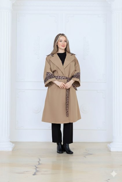 Leopar Detaylı Kuşaklı Oversize Kadın Trençkot
