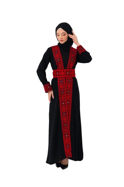 Palestine Black Abaya with Red and Colorful Embroidery C100052