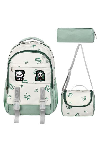 Korean Style Green Orthopedic Panda Pattern Girls' School Bag with Thermal Lunch Box and Pencil Case