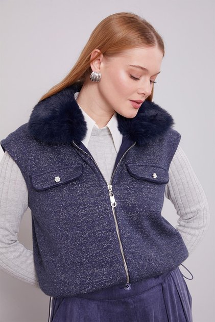 Navy Blue Cashmere Vest with Fur Detail at the Collar