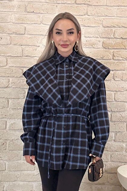 Navy Blue Plaid Women's Shirt with Shawl Detail